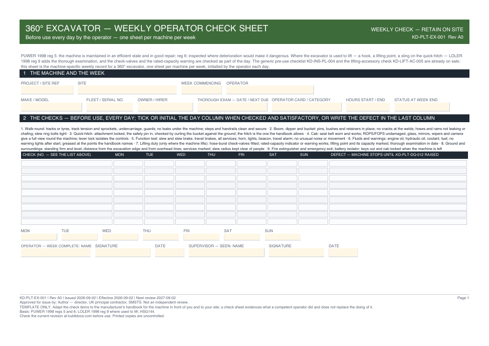 360° Excavator — Weekly Operator Check Sheet — page one