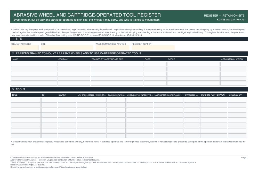 Abrasive Wheel and Cartridge-Operated Tool Register — page one