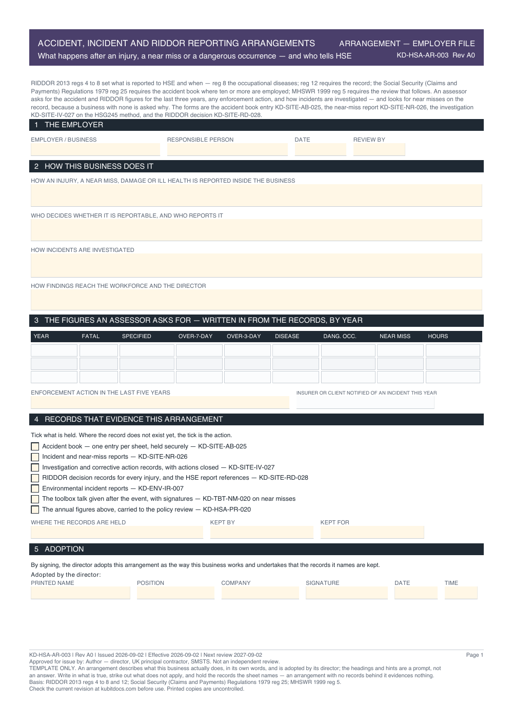 Accident, Incident and RIDDOR Reporting Arrangements — page one