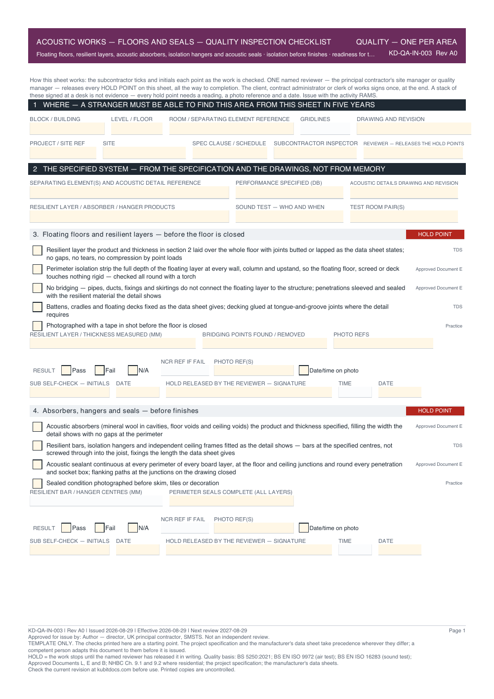 Acoustic Works — Floors and Seals — Quality Inspection Checklist — page one