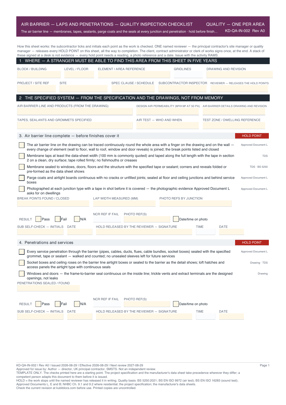 Air Barrier — Laps and Penetrations — Quality Inspection Checklist — page one