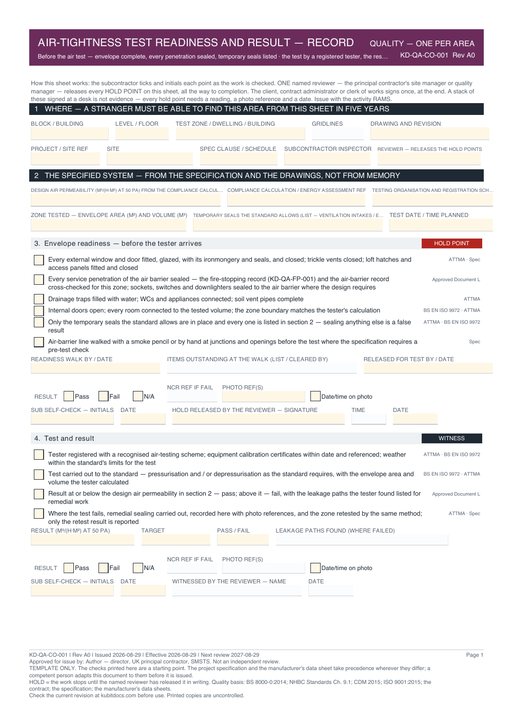 Air-Tightness Test Readiness and Result — Record — page one