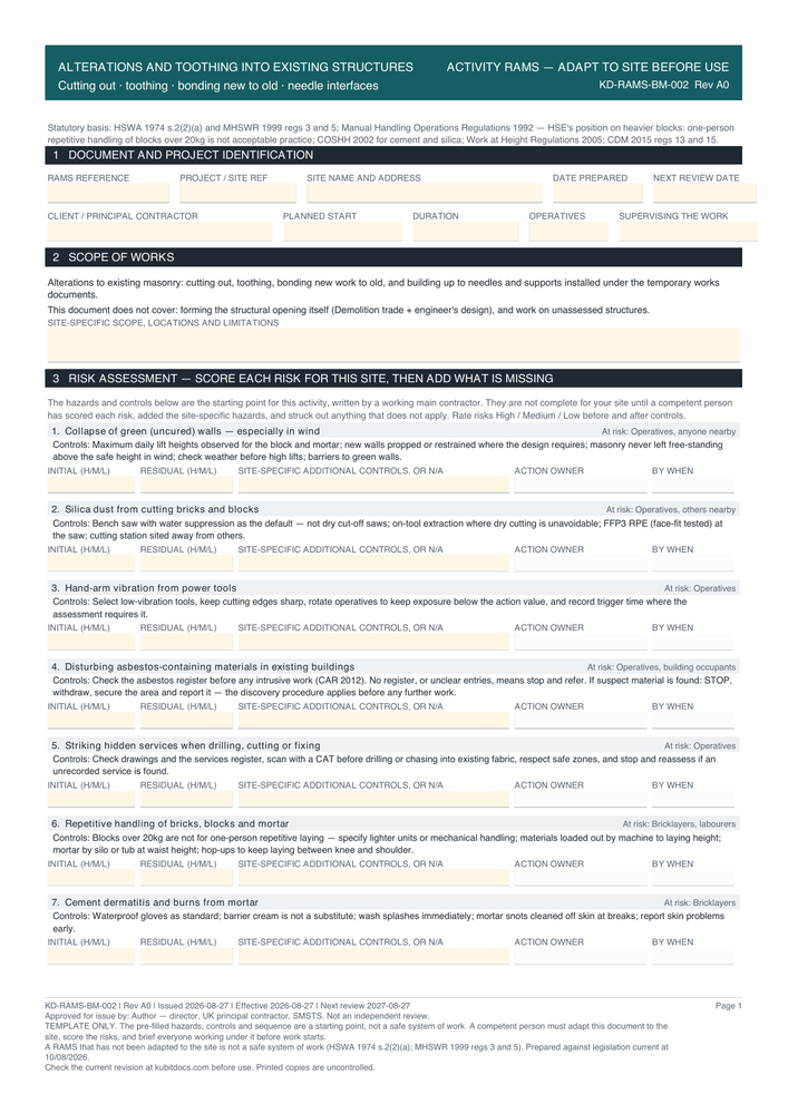 Alterations and Toothing into Existing Structures — page one