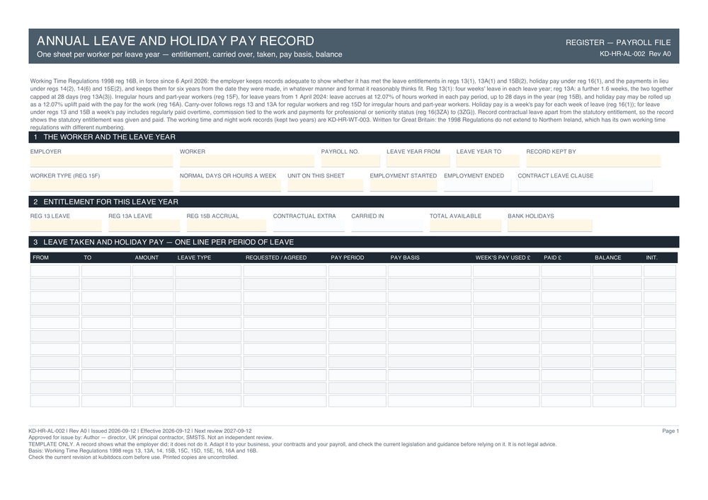 Annual Leave and Holiday Pay Record — page one