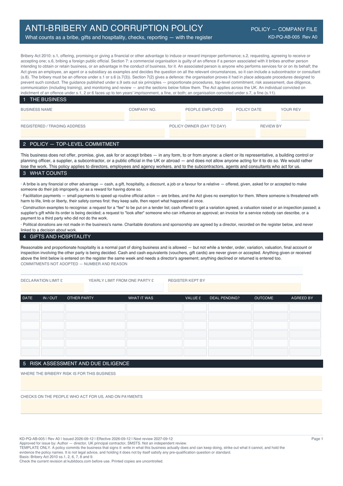 Anti-Bribery and Corruption Policy — page one