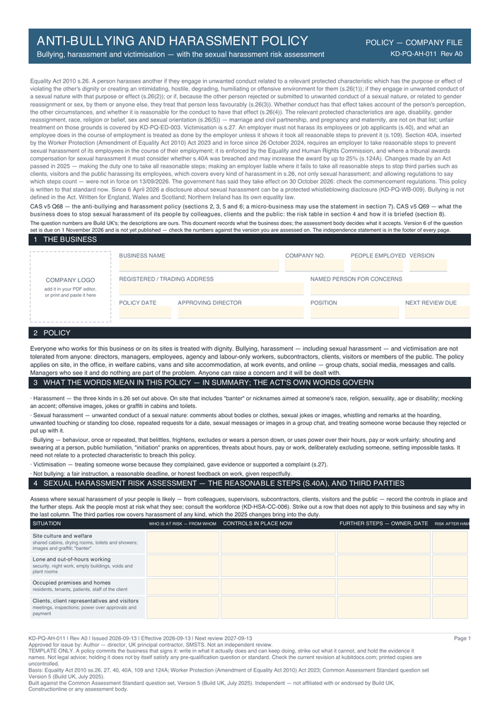 Anti-Bullying and Harassment Policy — page one