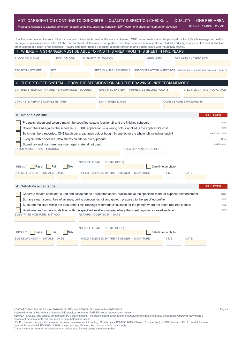 Anti-Carbonation Coatings to Concrete — Quality Inspection Checklist — page one