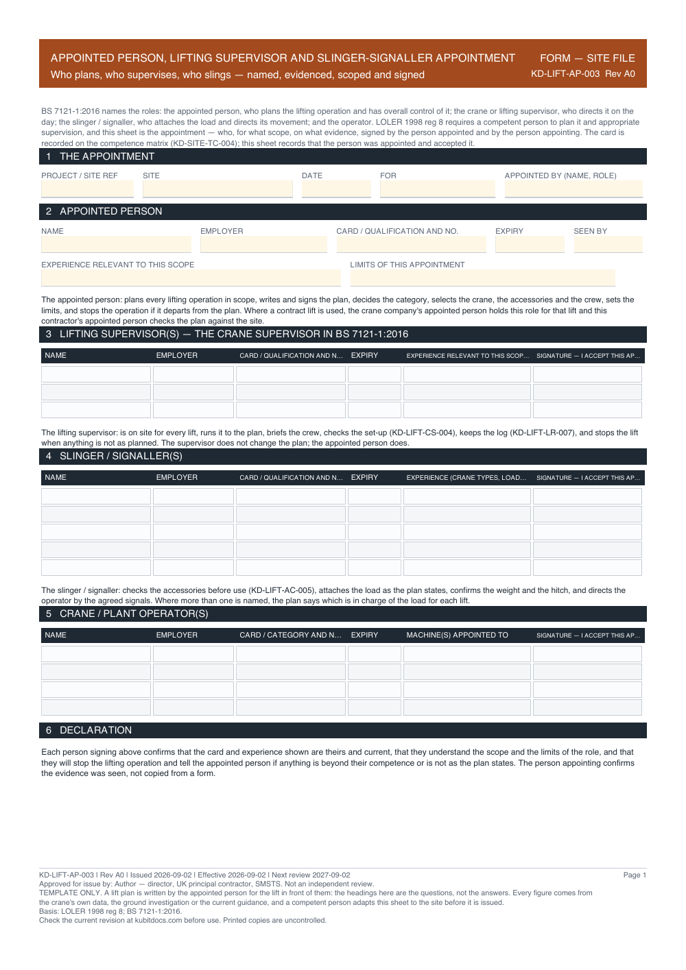 Appointed Person, Lifting Supervisor and Slinger-Signaller Appointment — page one