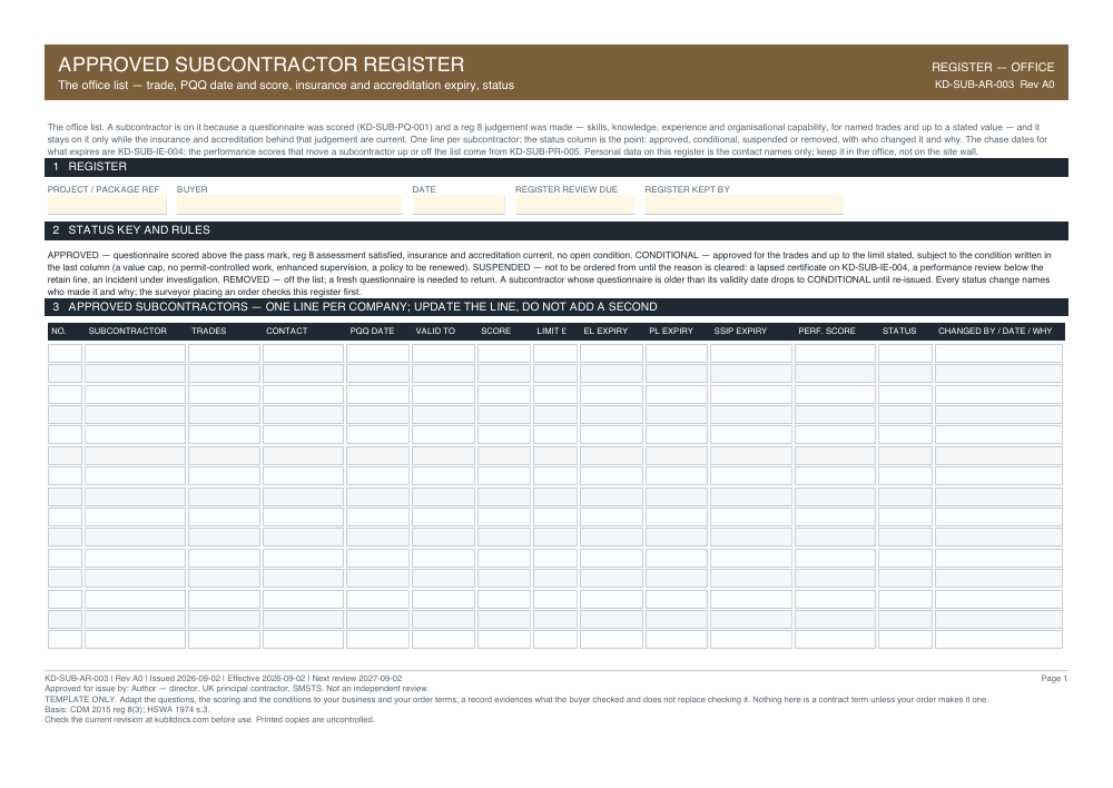 Approved Subcontractor Register — page one