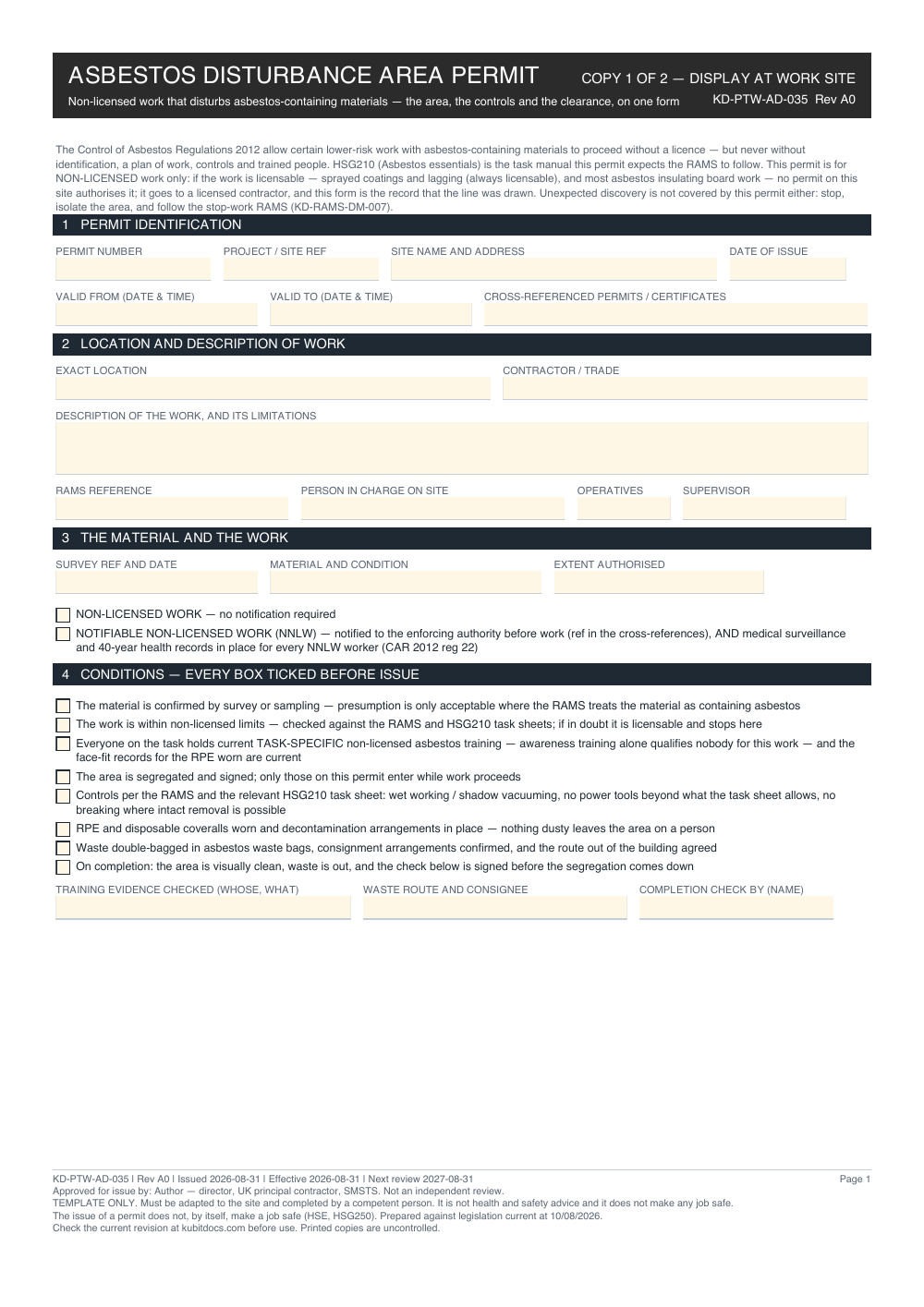 Asbestos Disturbance Area Permit — page one