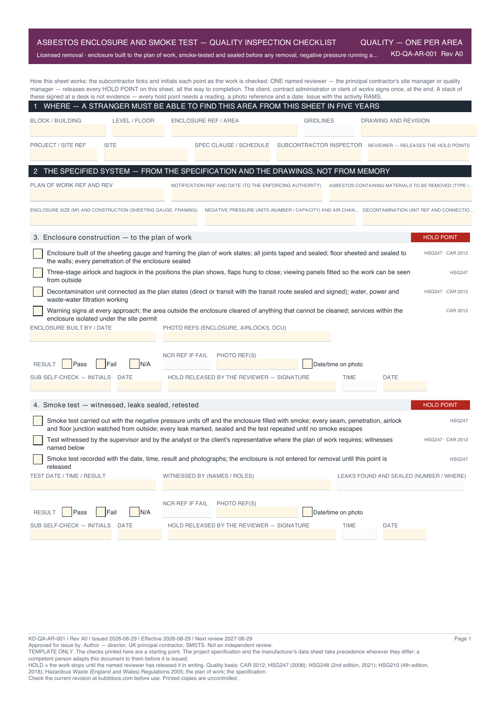 Asbestos Enclosure and Smoke Test — Quality Inspection Checklist — page one