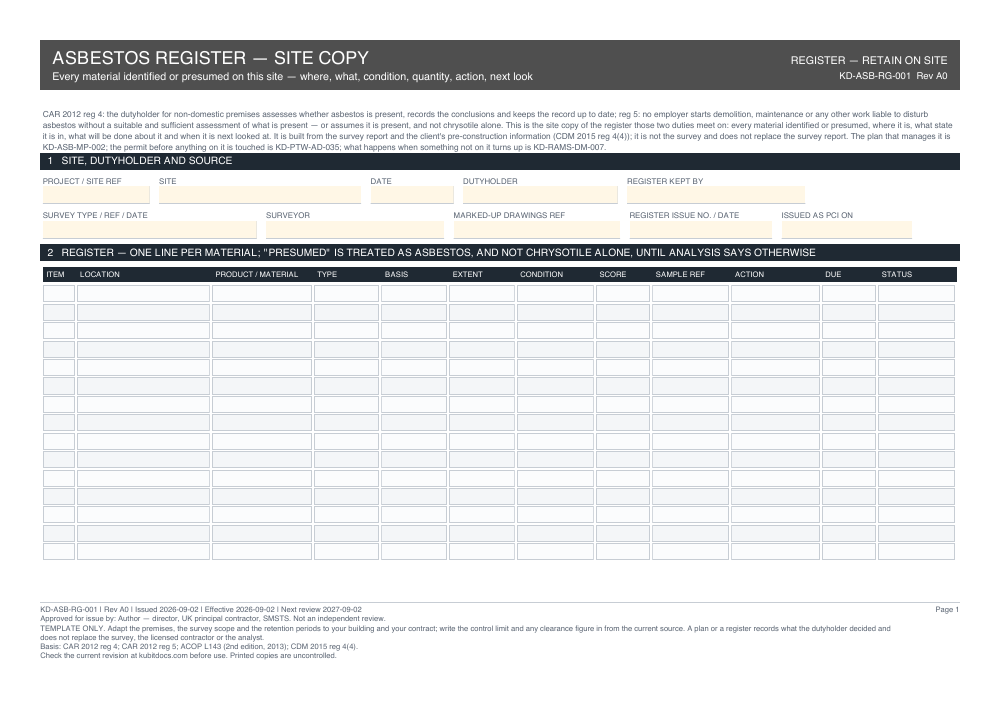 Asbestos Register — Site Copy — page one