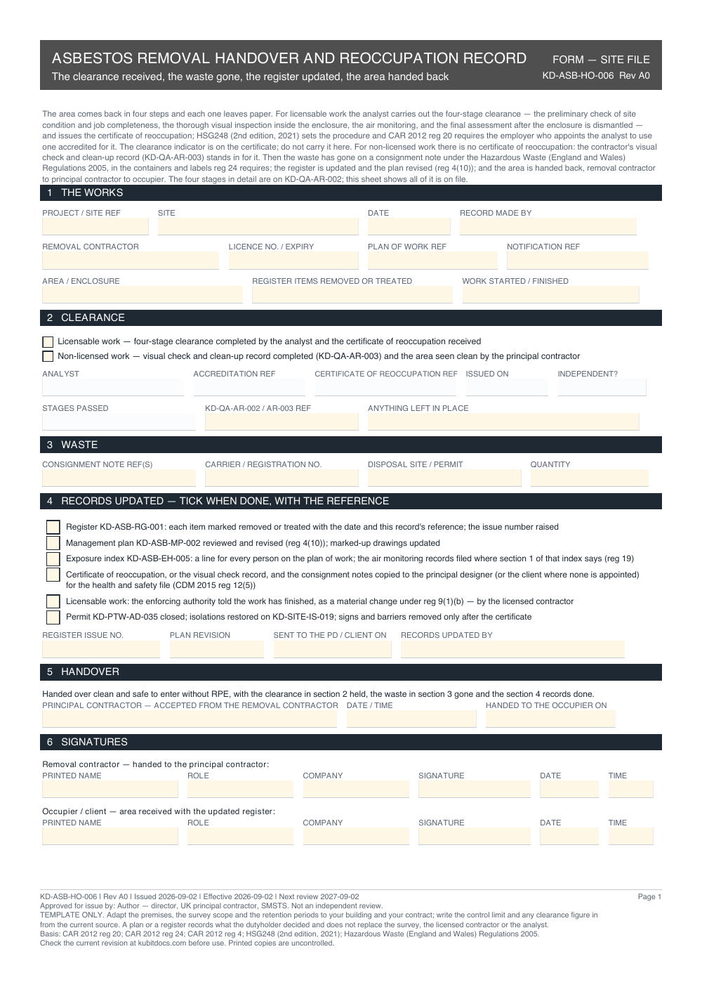 Asbestos Removal Handover and Reoccupation Record — page one