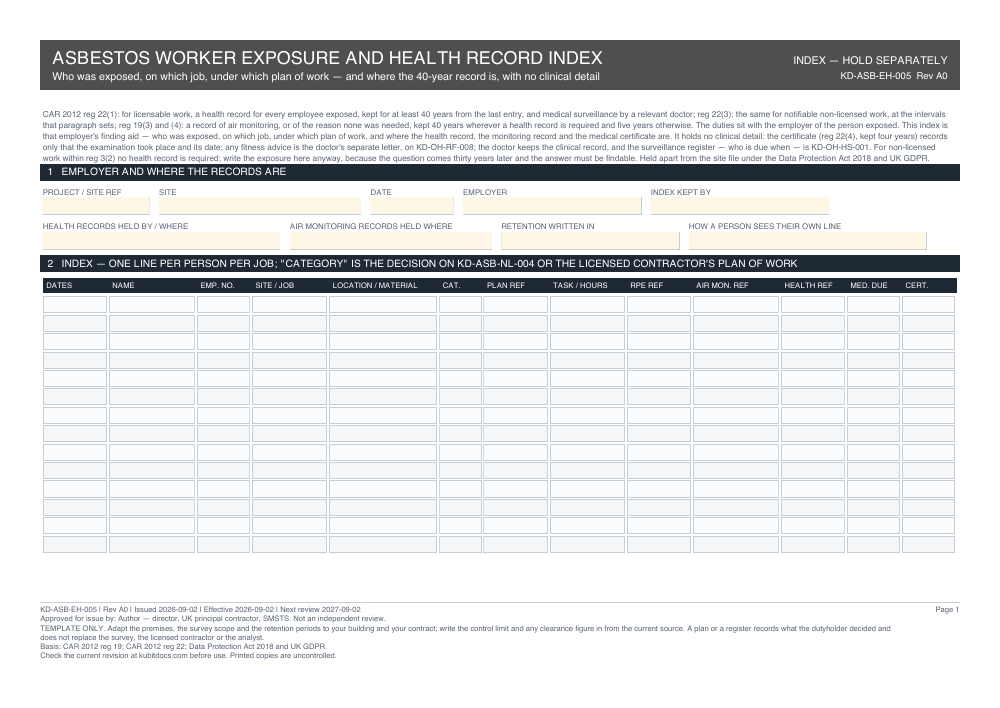 Asbestos Worker Exposure and Health Record Index — page one