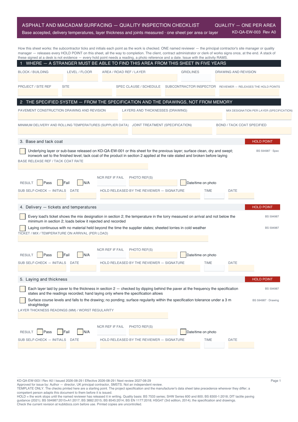 Asphalt and Macadam Surfacing — Quality Inspection Checklist — page one