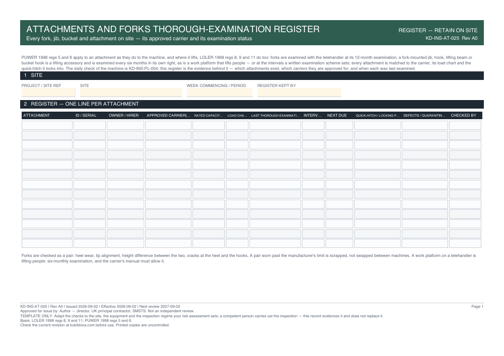 Attachments and Forks Thorough-Examination Register — page one