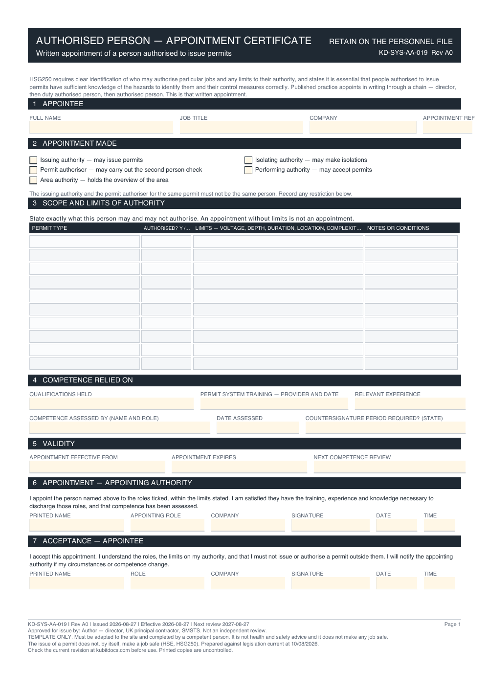 Authorised Person Appointment Certificate — page one