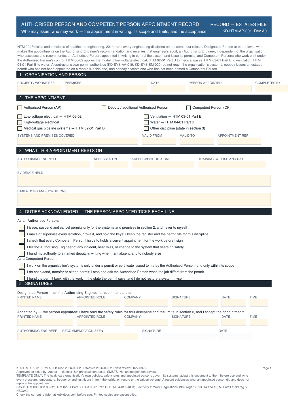 Authorised Person and Competent Person Appointment Record — page one