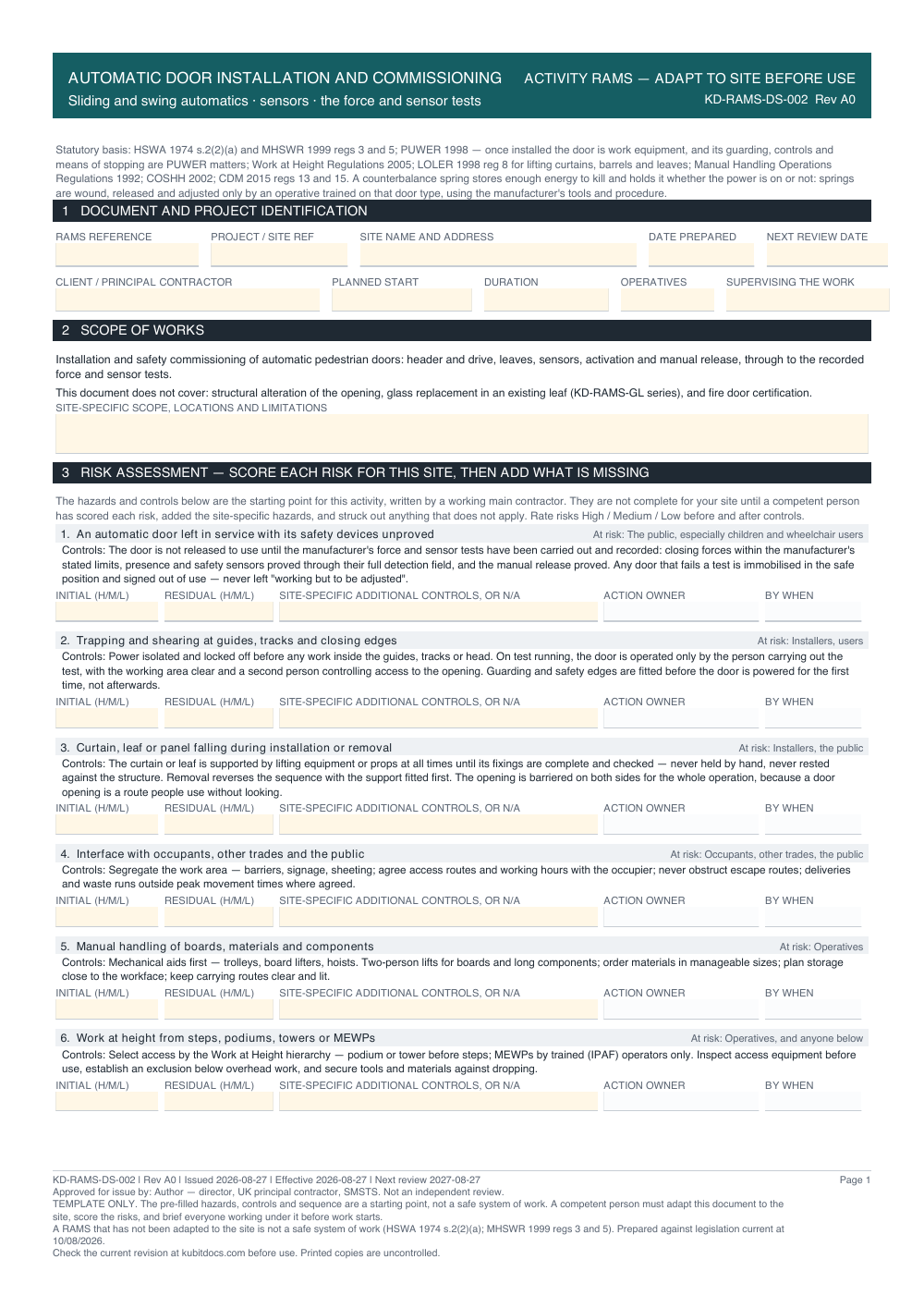 Automatic Door Installation and Commissioning — page one