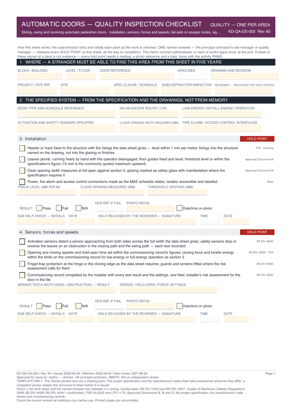 Automatic Doors — Quality Inspection Checklist — page one