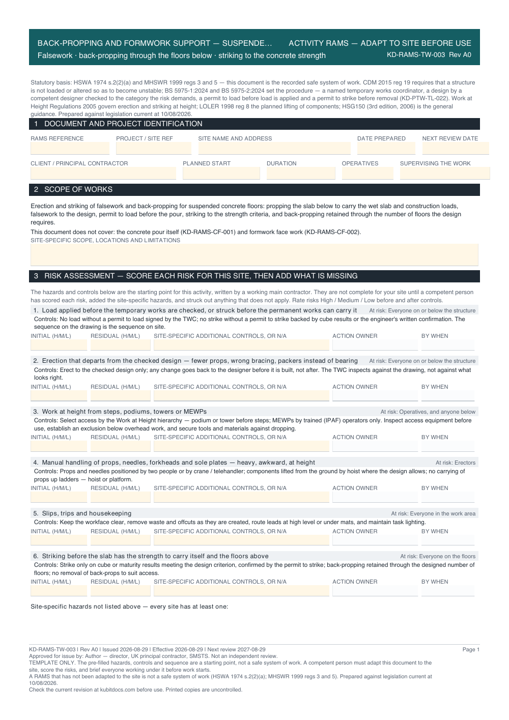 Back-Propping and Formwork Support — Suspended Slabs — page one