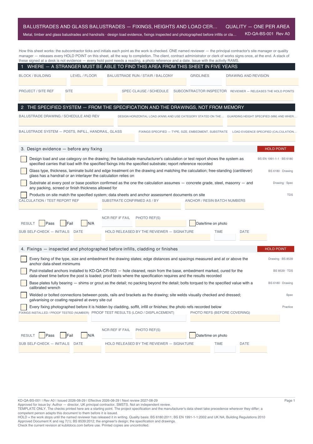 Balustrades and Glass Balustrades — Fixings, Heights and Load Certification — Quality Inspection Checklist — page one