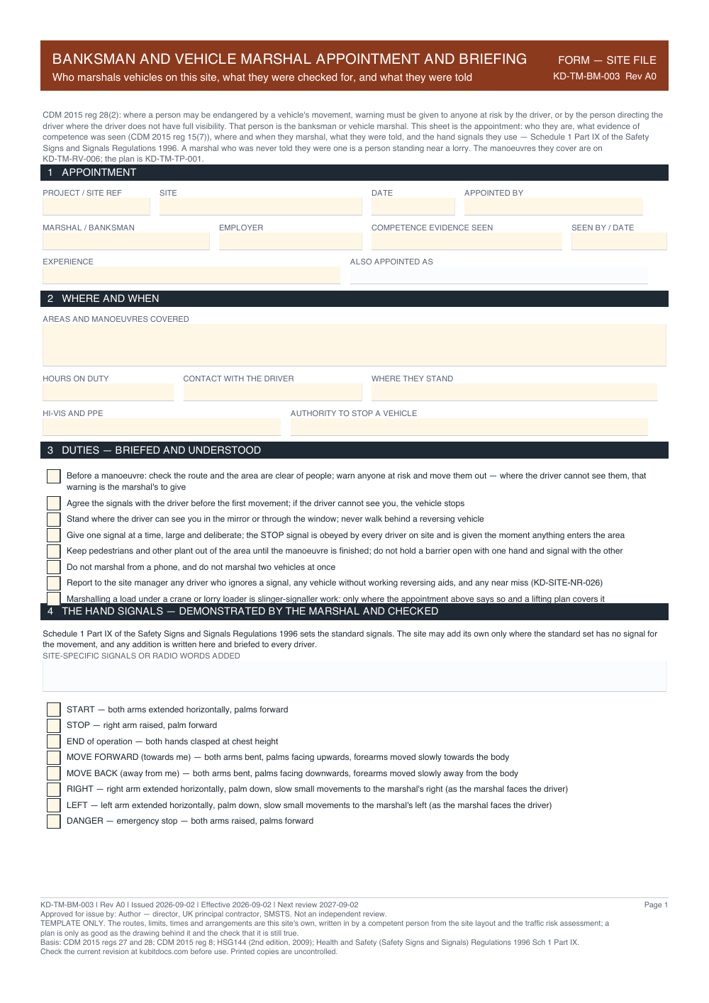 Banksman and Vehicle Marshal Appointment and Briefing — page one