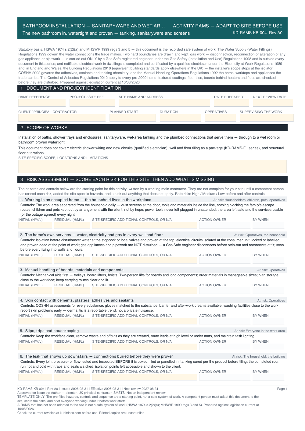 Bathroom Installation — Sanitaryware and Wet Areas — page one