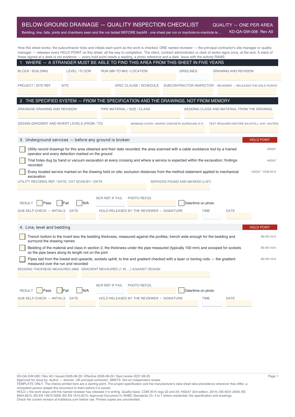 Below-Ground Drainage — Quality Inspection Checklist — page one