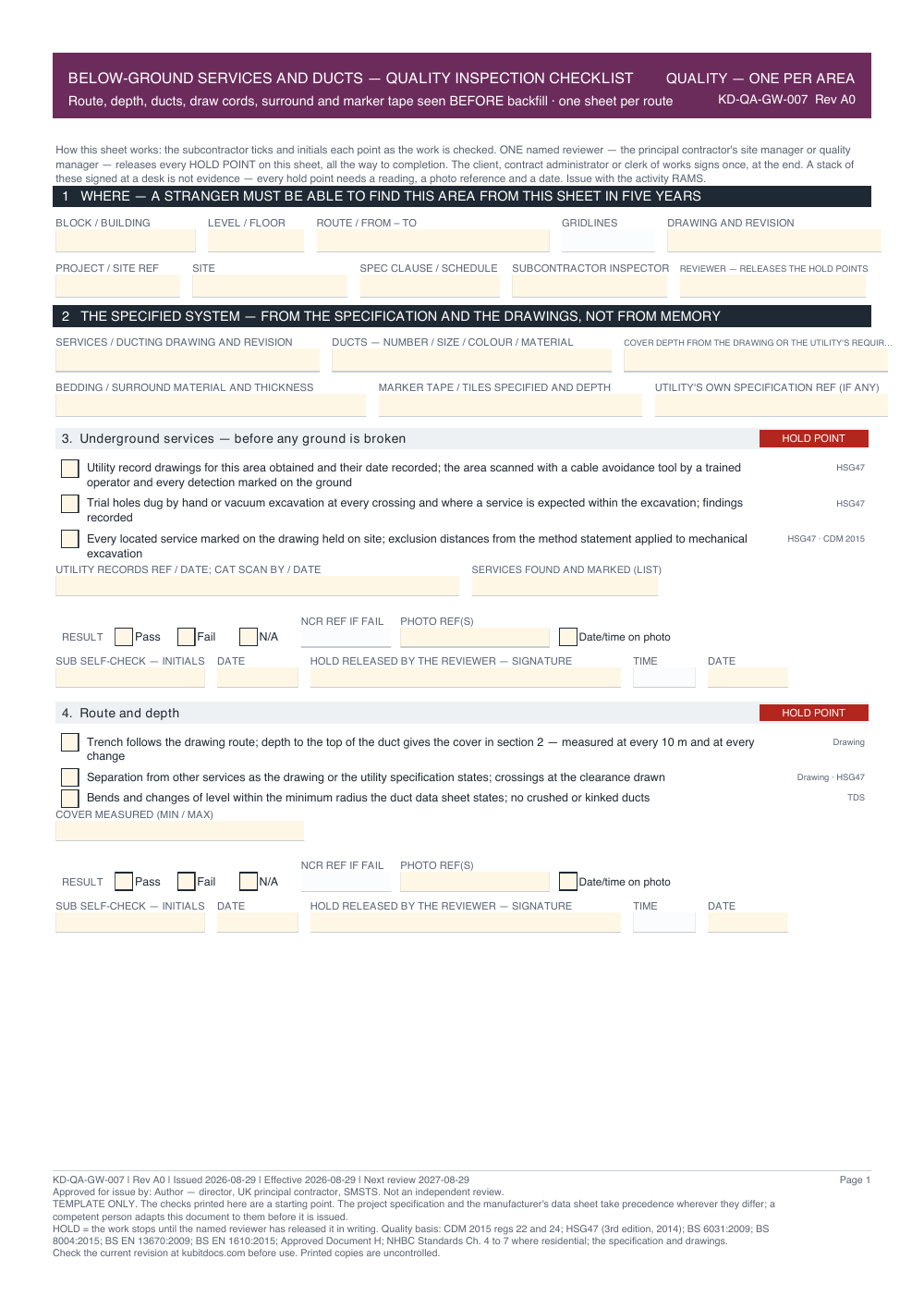 Below-Ground Services and Ducts — Quality Inspection Checklist — page one