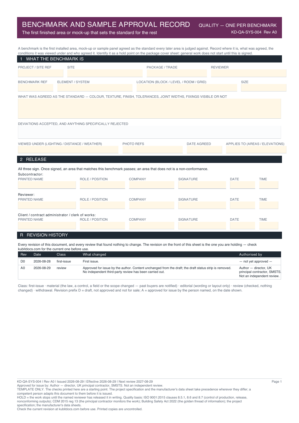Benchmark and Sample Approval Record — page one