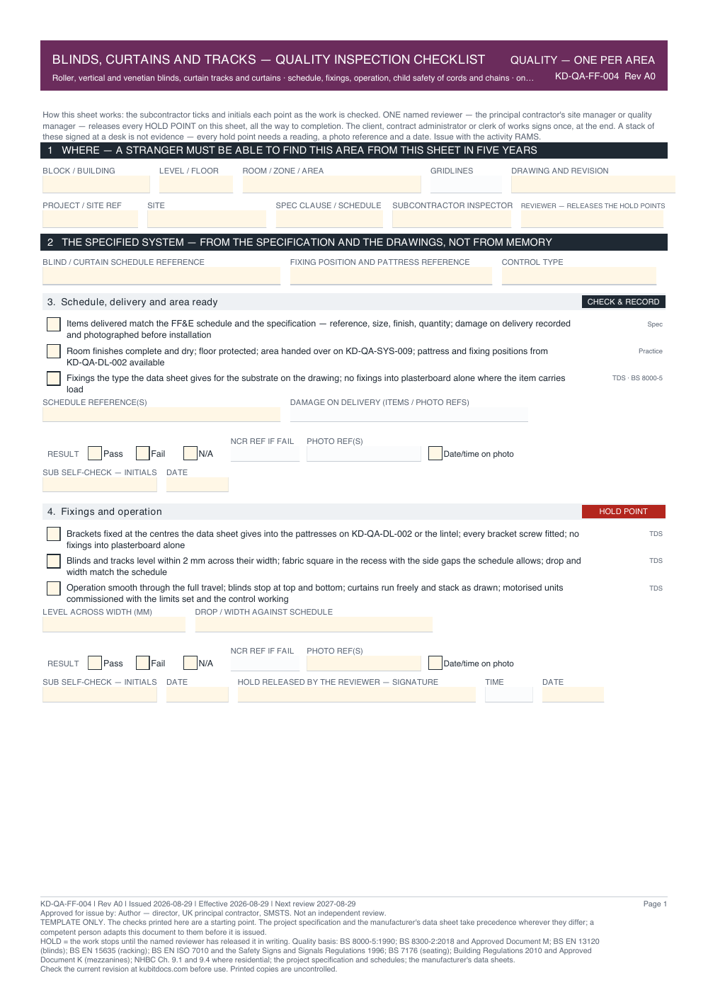 Blinds, Curtains and Tracks — Quality Inspection Checklist — page one