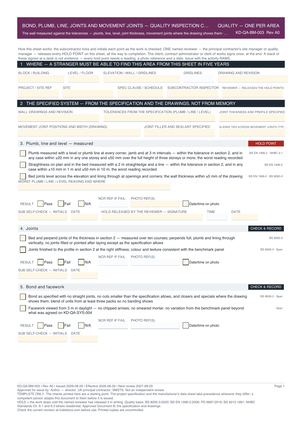 Bond, Plumb, Line, Joints and Movement Joints — Quality Inspection Checklist — page one