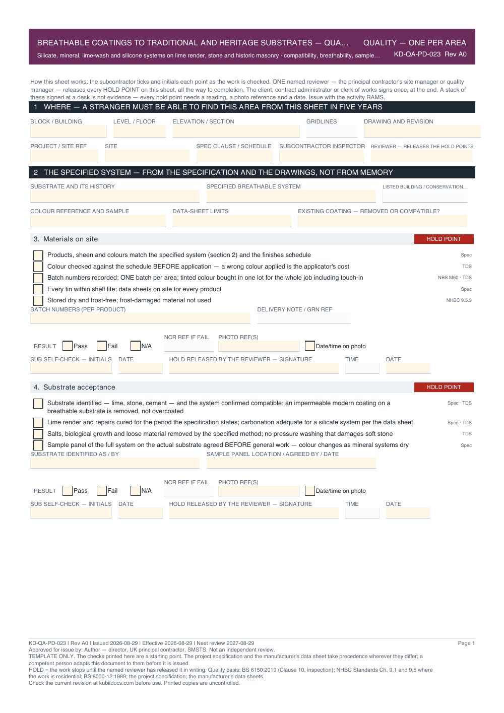 Breathable Coatings to Traditional and Heritage Substrates — Quality Inspection Checklist — page one