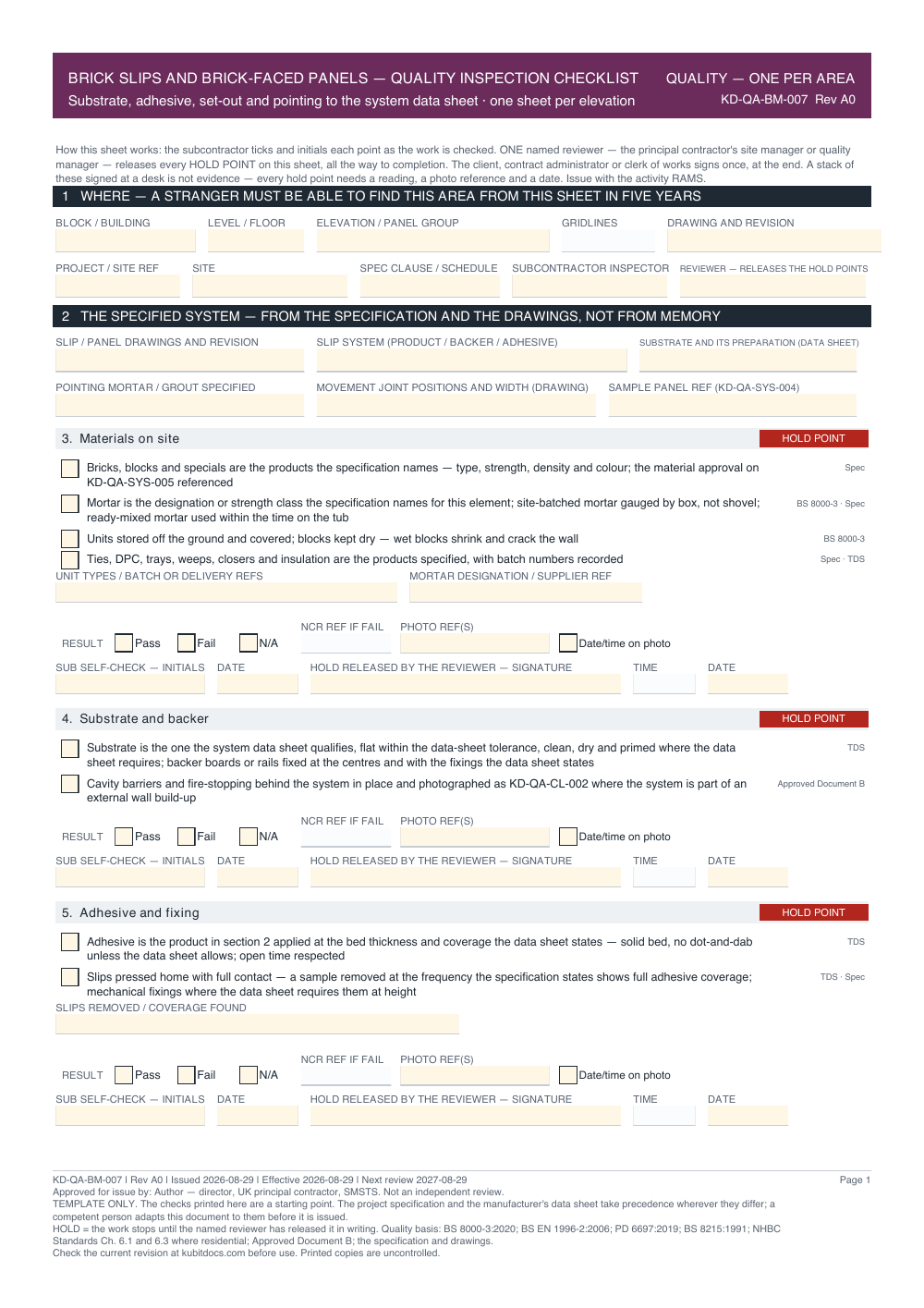 Brick Slips and Brick-Faced Panels — Quality Inspection Checklist — page one