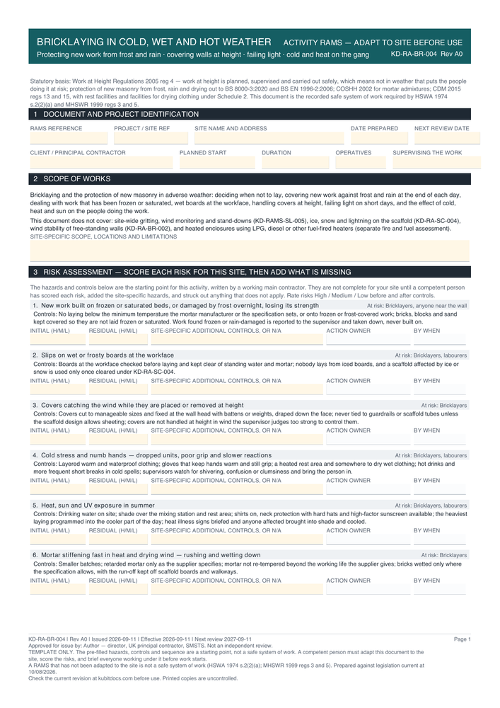Bricklaying in Cold, Wet and Hot Weather — page one