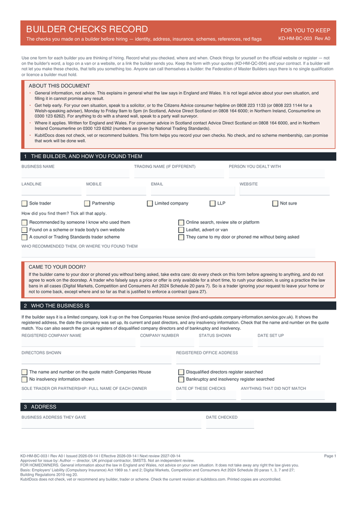 Builder Checks Record — page one