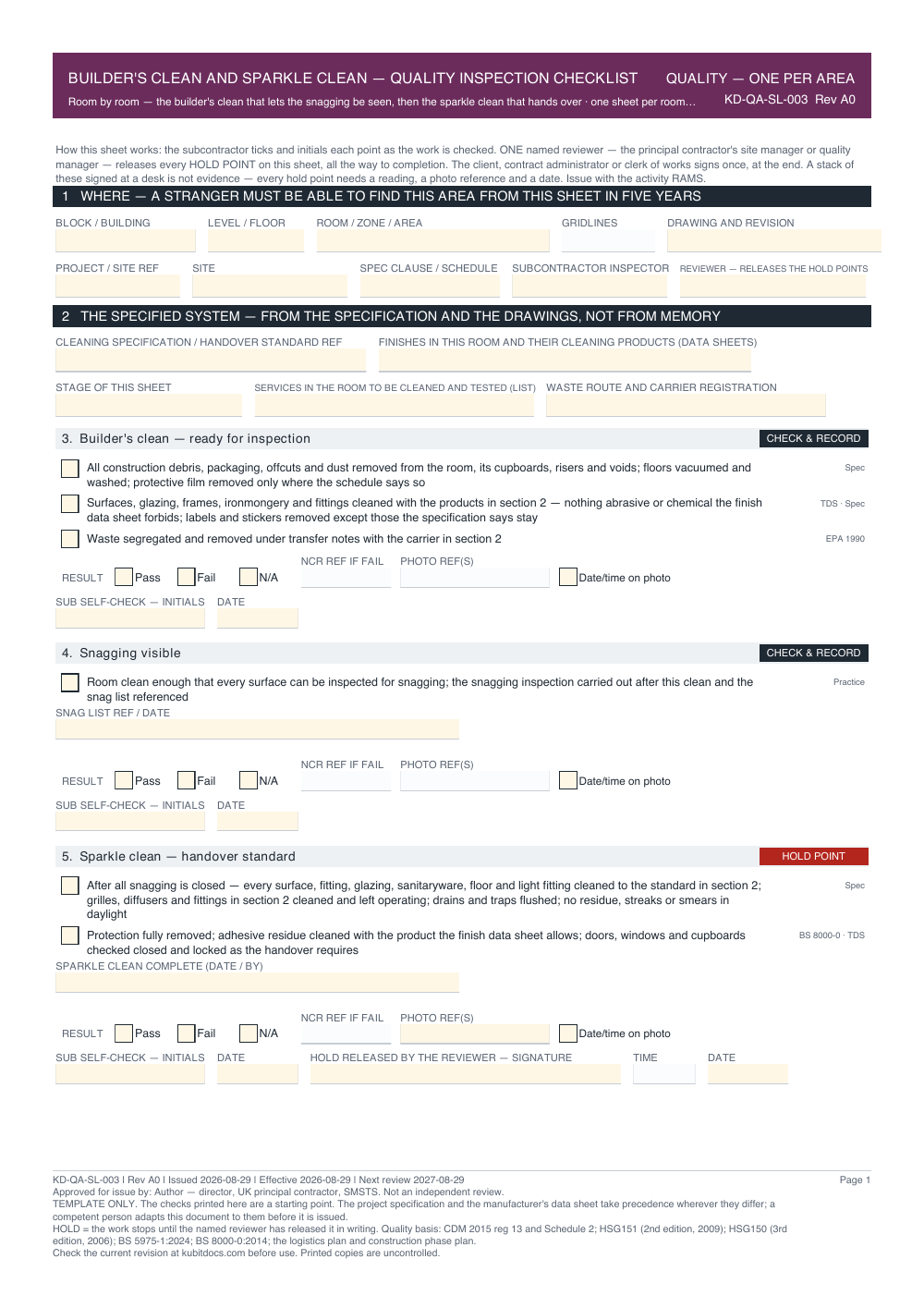 Builder's Clean and Sparkle Clean — Quality Inspection Checklist — page one