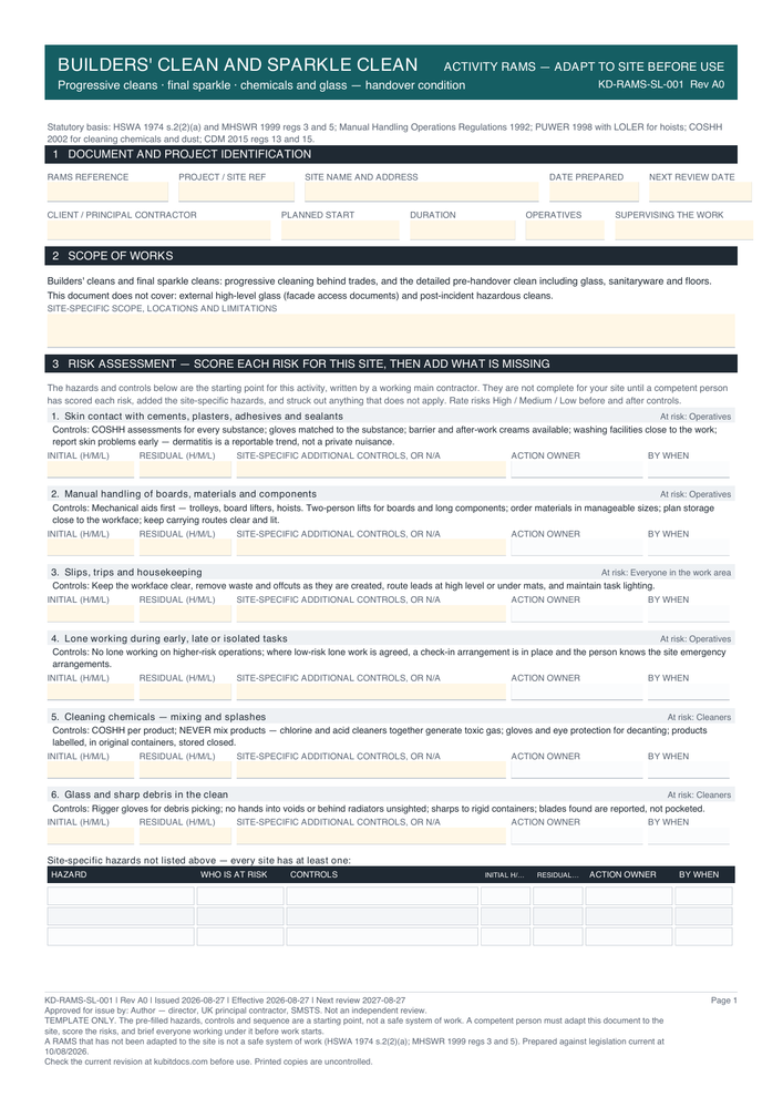 Builders' Clean and Sparkle Clean — page one