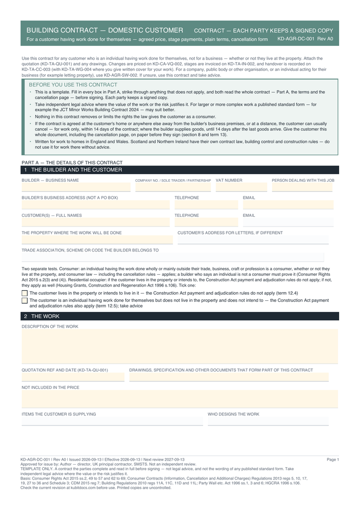 Building Contract — Domestic Customer — page one