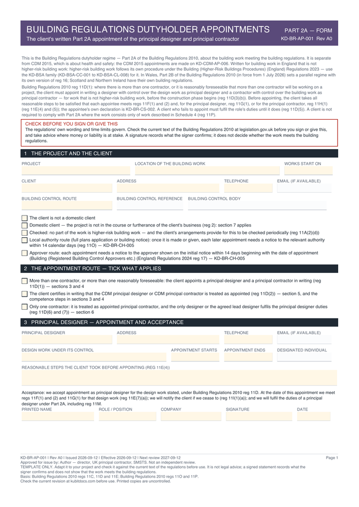 Building Regulations Dutyholder Appointments — page one