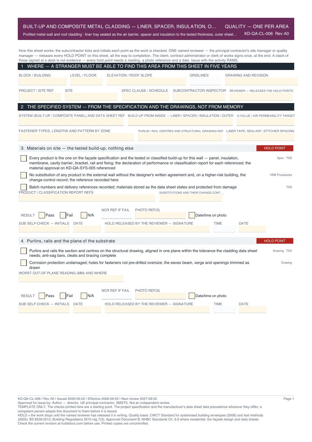 Built-Up and Composite Metal Cladding — Liner, Spacer, Insulation, Outer Sheet and Fasteners — Quality Inspection Checklist — page one