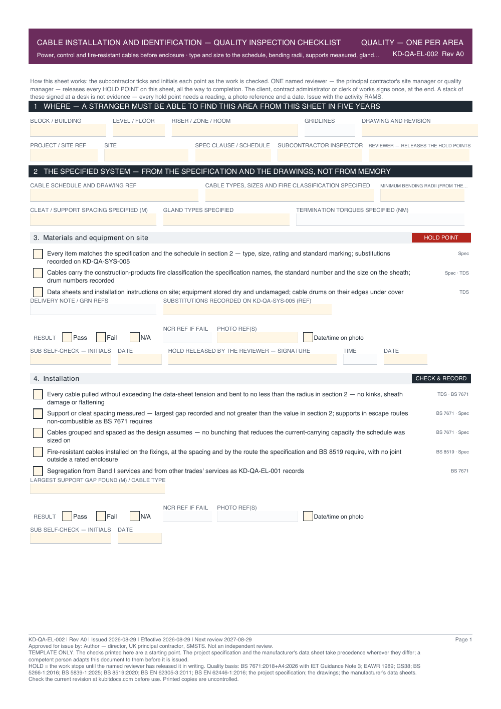 Cable Installation and Identification — Quality Inspection Checklist — page one