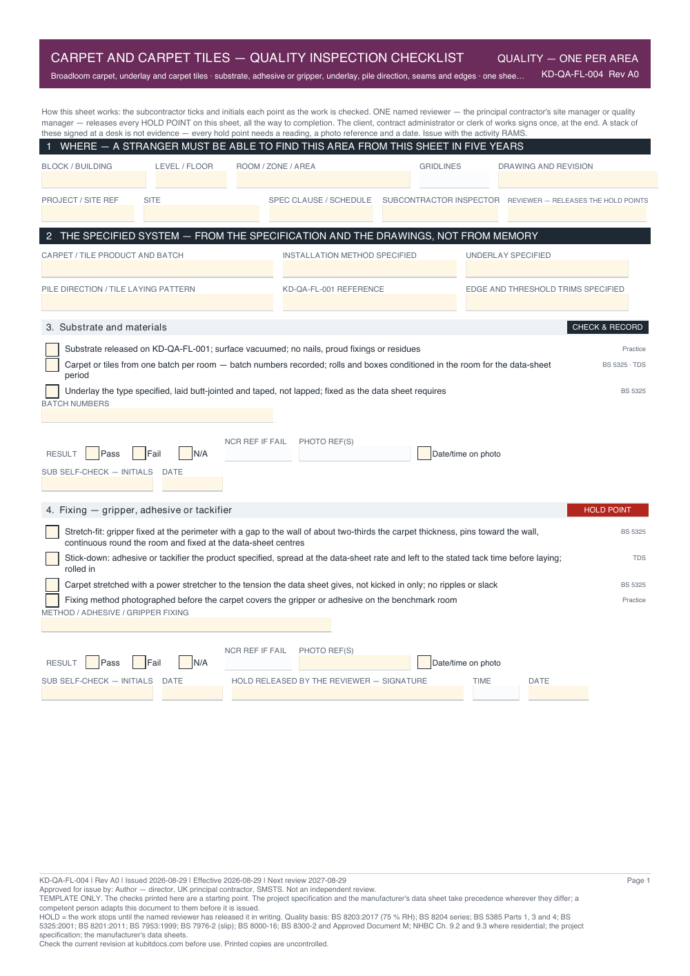 Carpet and Carpet Tiles — Quality Inspection Checklist — page one