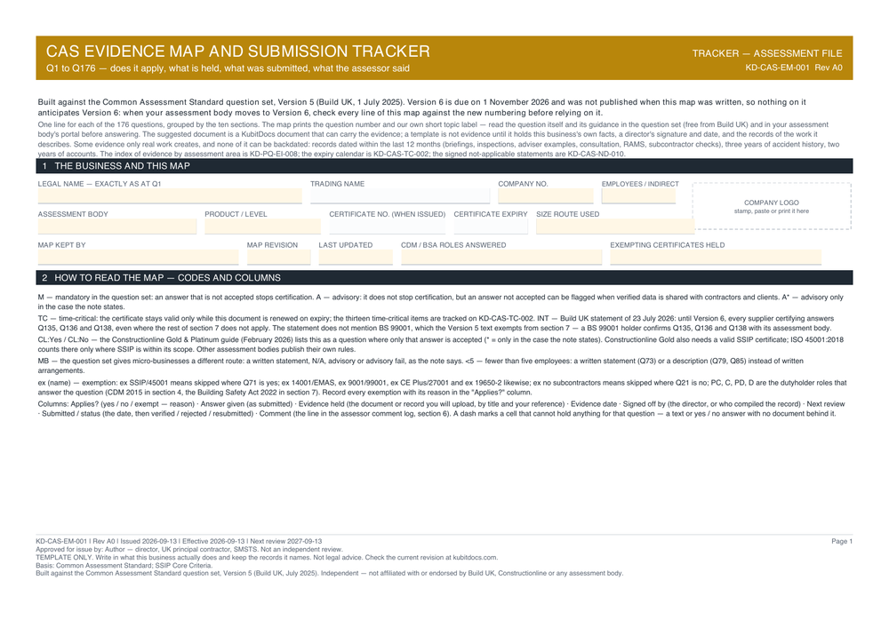 CAS Evidence Map and Submission Tracker — page one