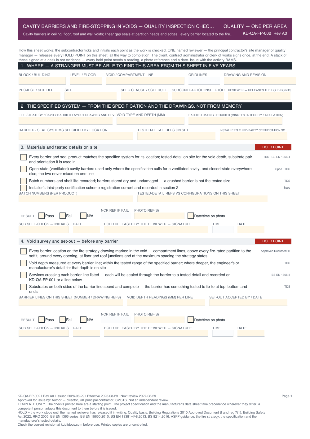Cavity Barriers and Fire-Stopping in Voids — Quality Inspection Checklist — page one