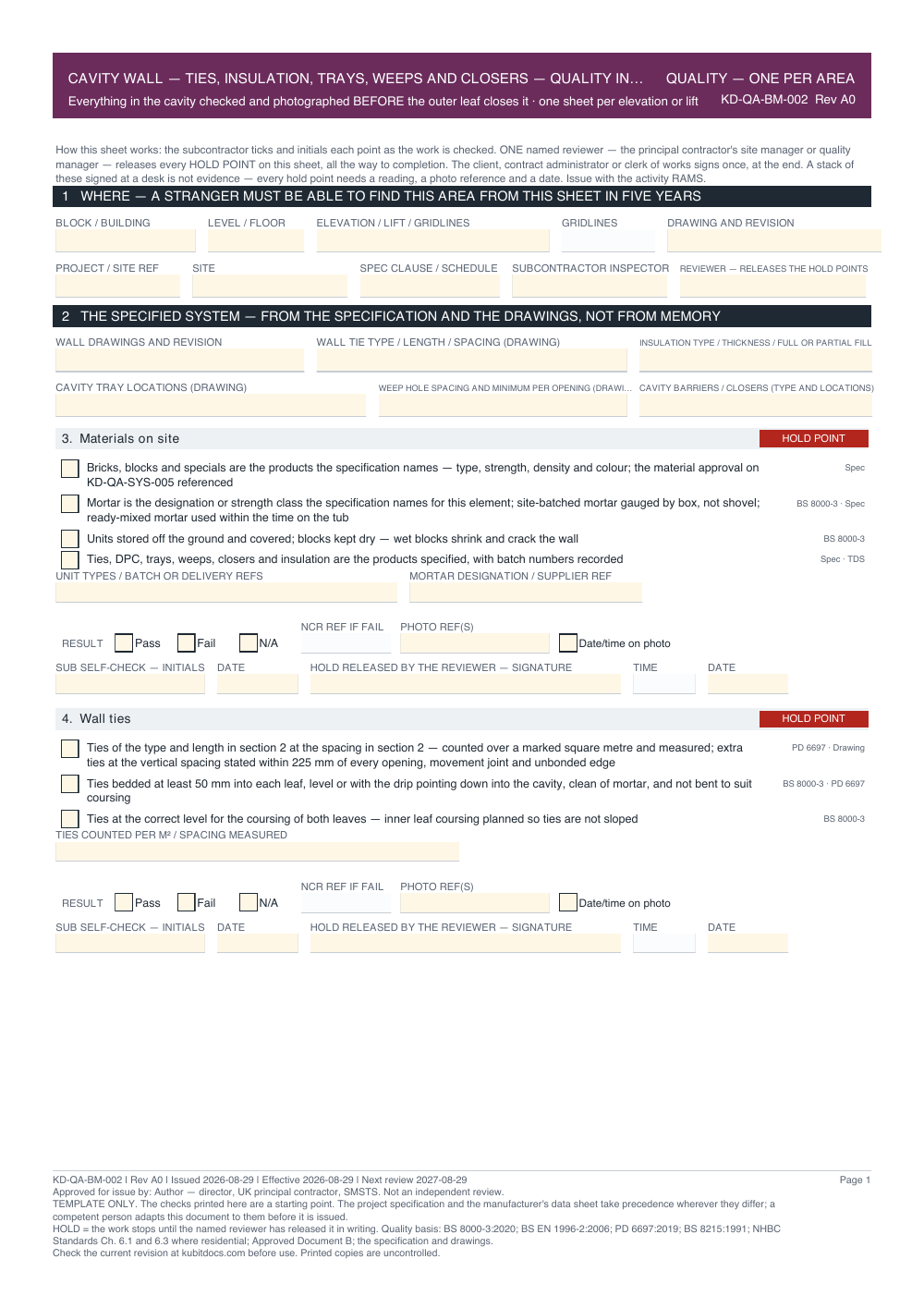 Cavity Wall — Ties, Insulation, Trays, Weeps and Closers — Quality Inspection Checklist — page one