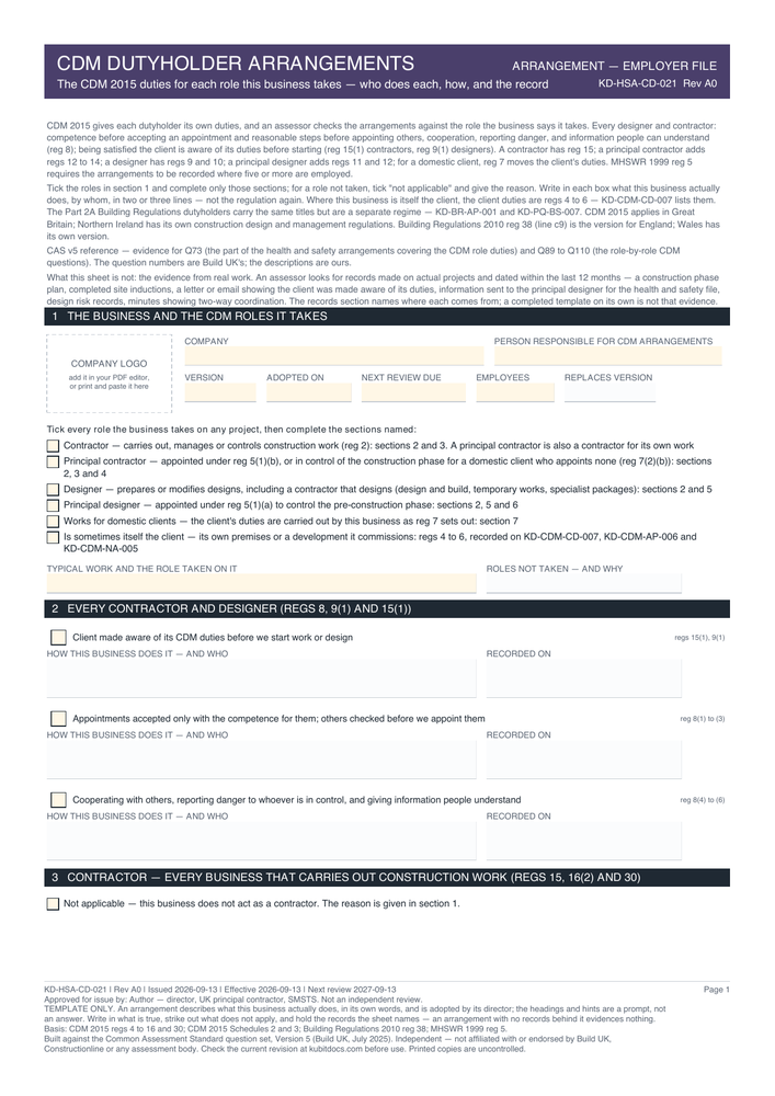 CDM Dutyholder Arrangements — page one