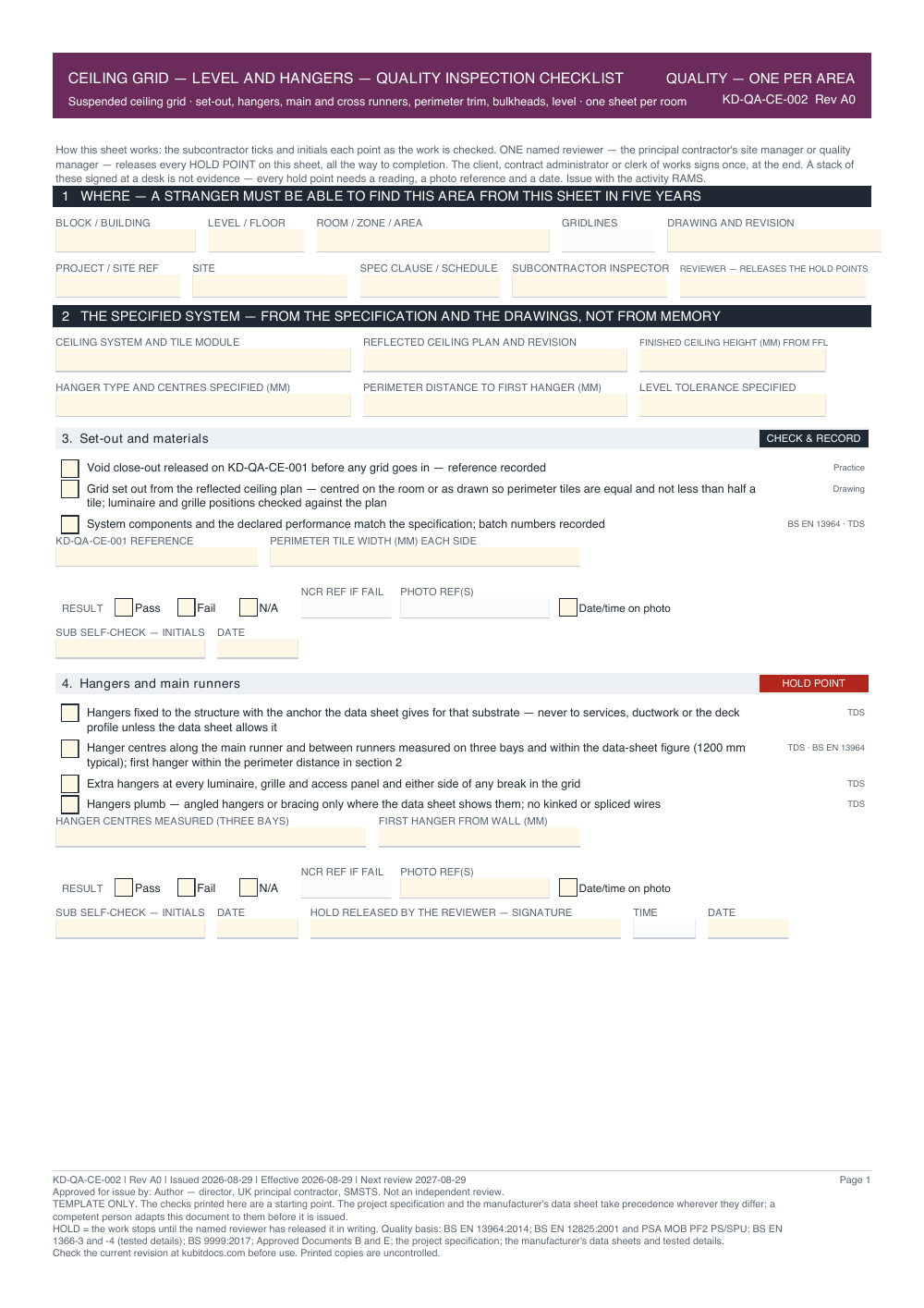 Ceiling Grid — Level and Hangers — Quality Inspection Checklist — page one