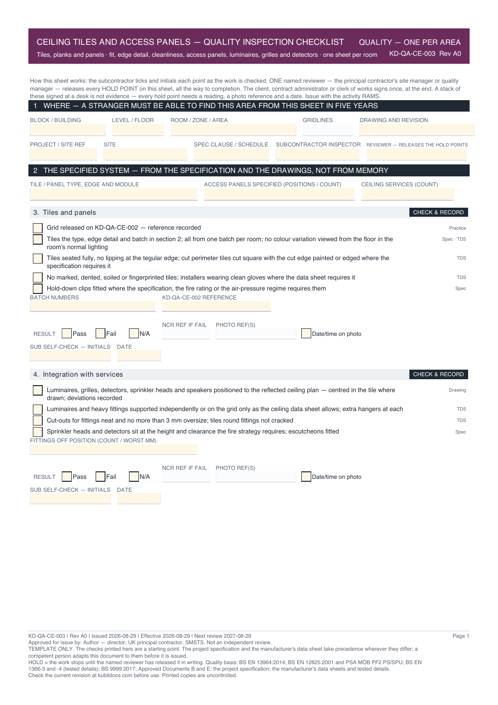 Ceiling Tiles and Access Panels — Quality Inspection Checklist — page one